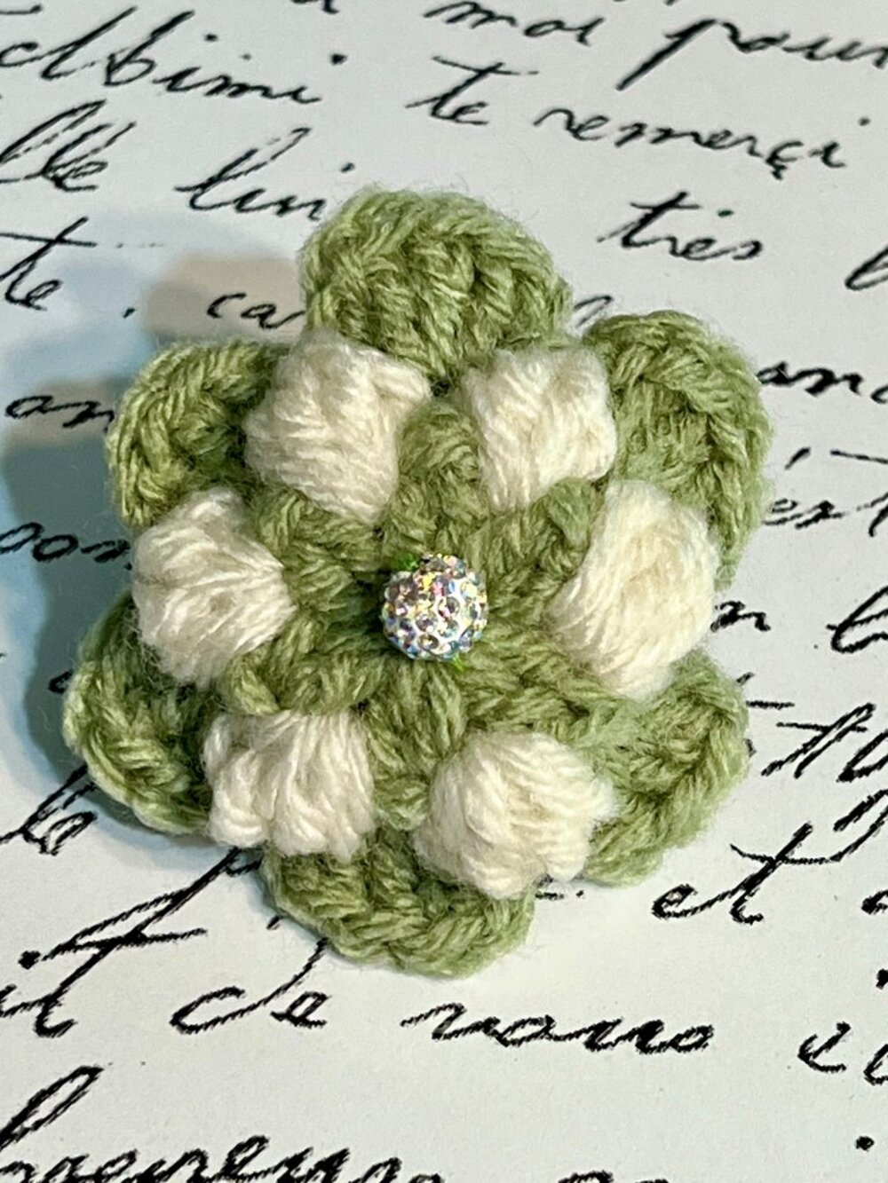FLORAL BROOCH/PIN Handmade in Soft Green & White Colors with a Rhinestone Center